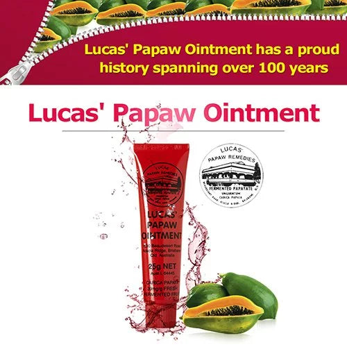 Advertisement for Lucas' Papaw Ointment with a red tube and papaw fruit on a white background.