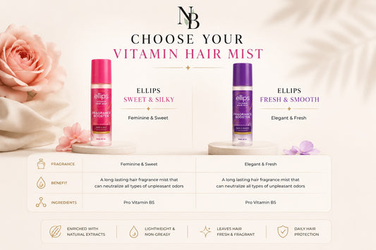 Two Ellips hair mist bottles with product details on a soft background