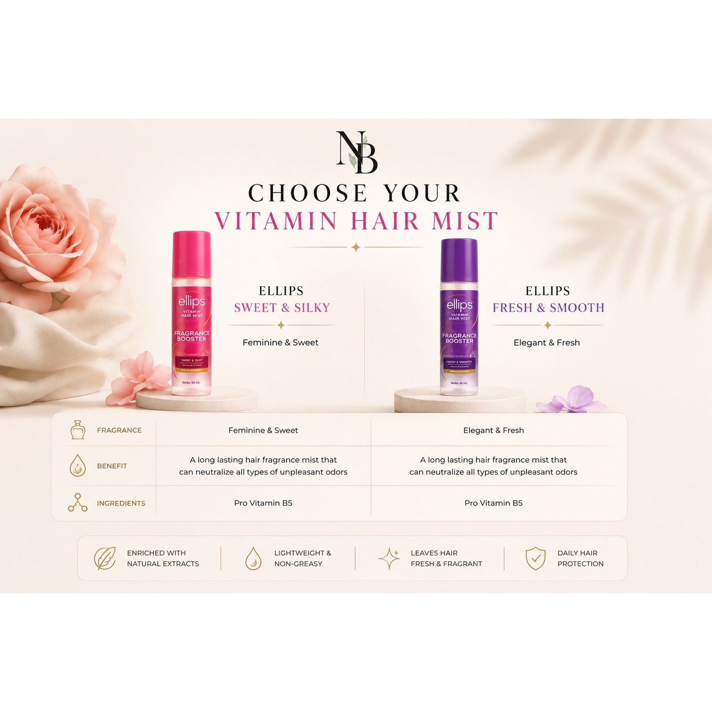Two Ellips hair mist bottles with product details on a soft background