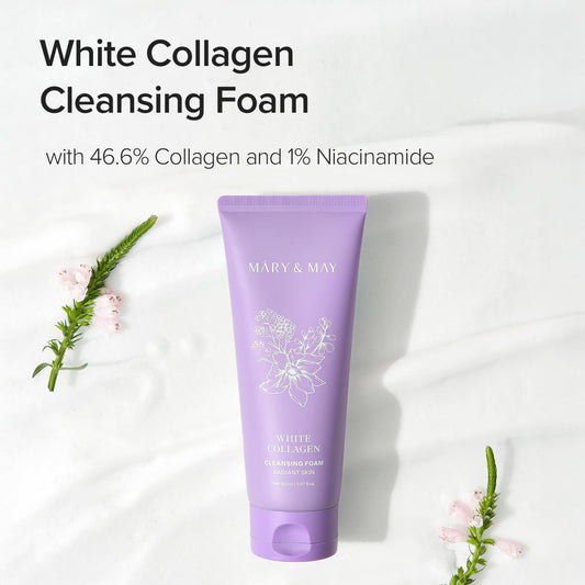Purple tube of White Collagen Cleansing Foam with text on a white background