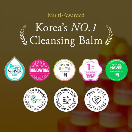 Promotional graphic for Korea's No. 1 cleansing balm with various awards and certifications on a brown background.