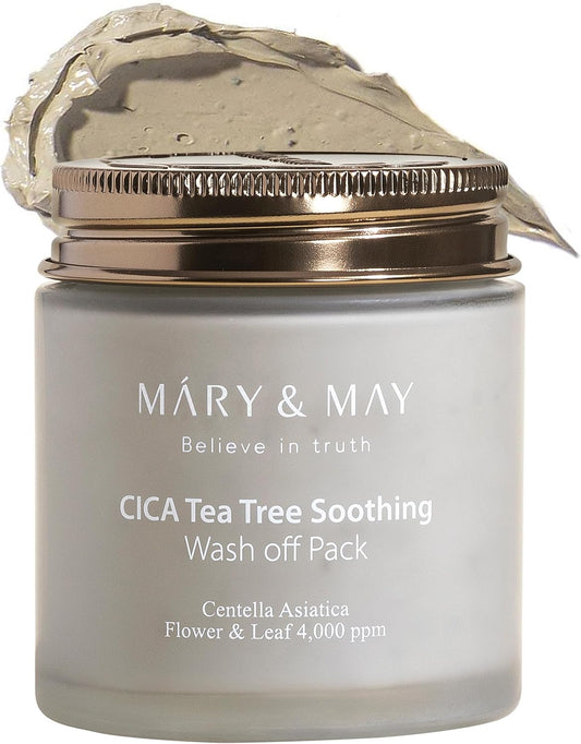 Jar of Mary & May CICA Tea Tree Soothing Wash off Pack with a gold lid.
