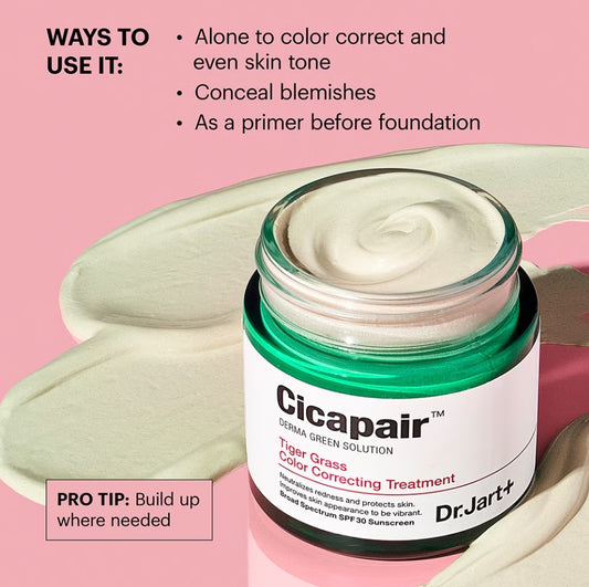 Dr. Jart+ Cicapair cream jar with pink background and text on usage