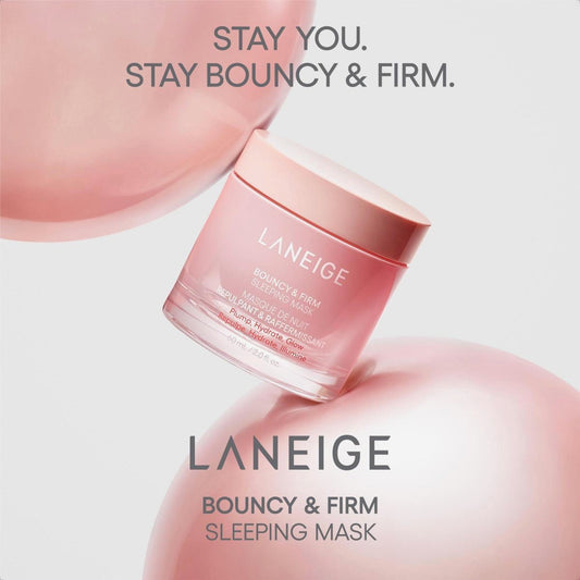 Laneige bouncy and firm sleeping mask with pink packaging on a light background