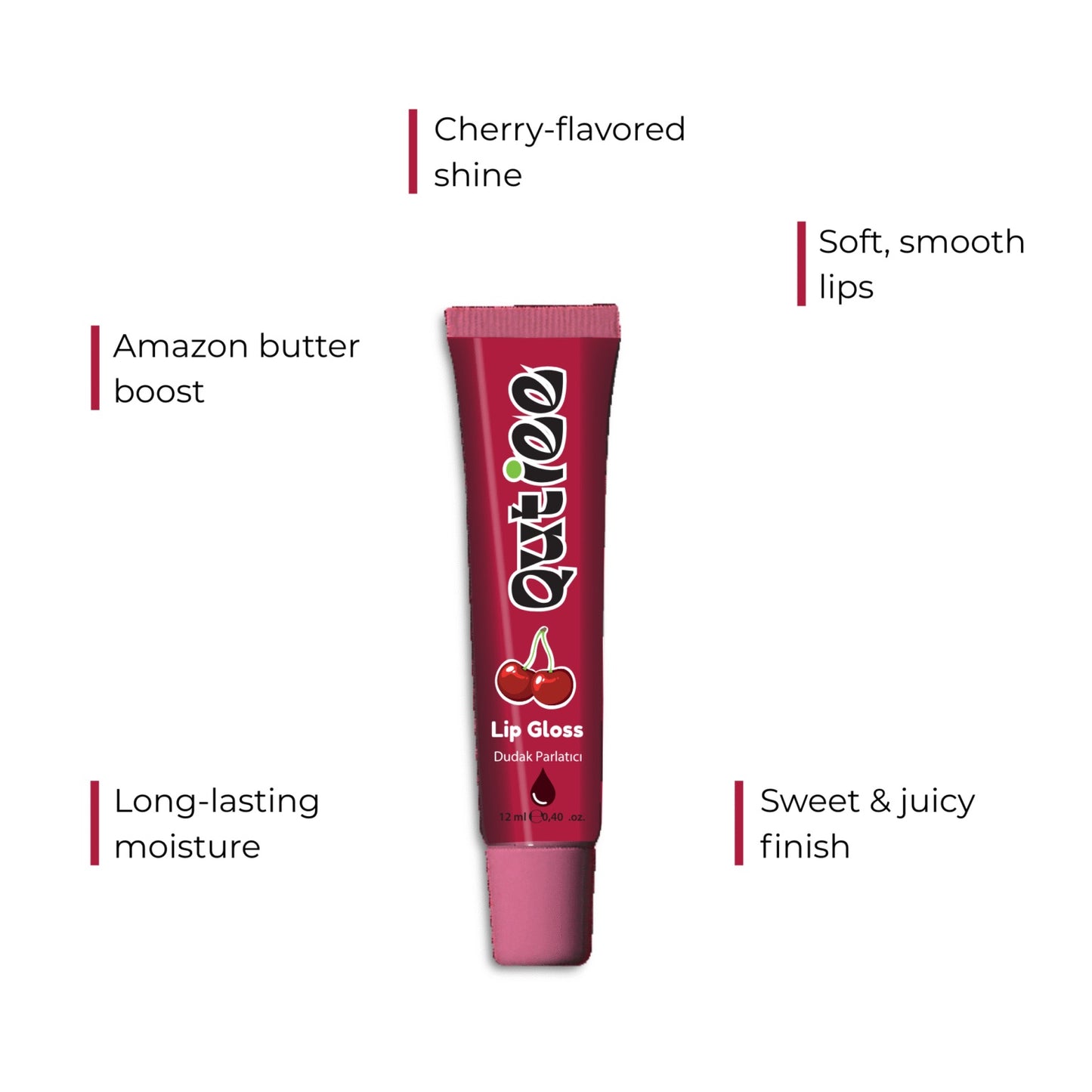 Lip gloss tube with cherry design on a white background