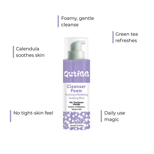Qutiee Cleanser Foam bottle with text highlighting its benefits on a white background