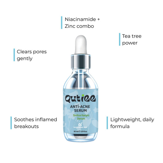 Outiee Anti-Acne Serum bottle with text highlighting features on a white background
