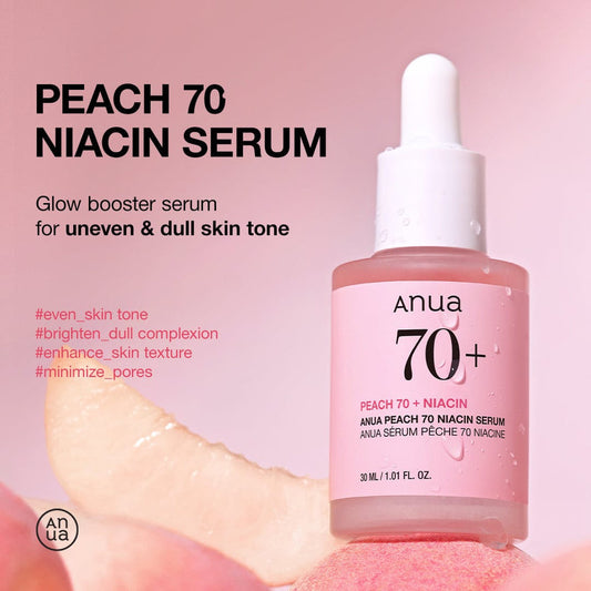 Anua Peach 70 Niacin Serum bottle with pink background and text.