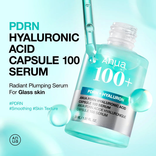 Anua 100+ Hyaluronic Acid Serum bottle with dropper on a light blue background