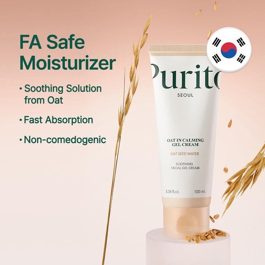 Purito moisturizer tube with oat ingredients on a beige background