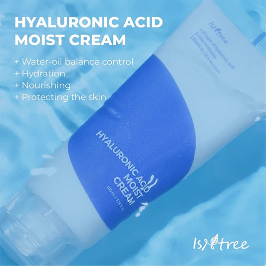 Hyaluronic Acid Moist Cream packaging with blue droplet design on a light blue background
