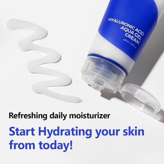 Hyaluronic Acid Aqua Gel Cream bottle with cream being squeezed onto a white background
