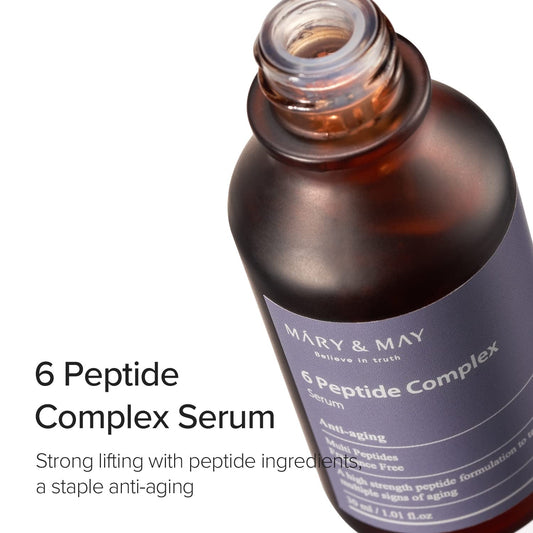 Bottle of Mary & May 6 Peptide Complex Serum on a white background