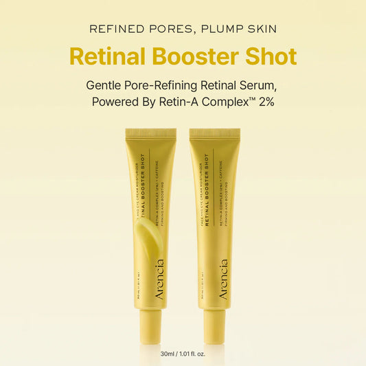 Two tubes of Arancia Retinal Booster Shot on a beige background with product details.