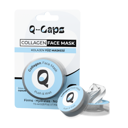 Q-Caps collagen face mask packaging on a white background