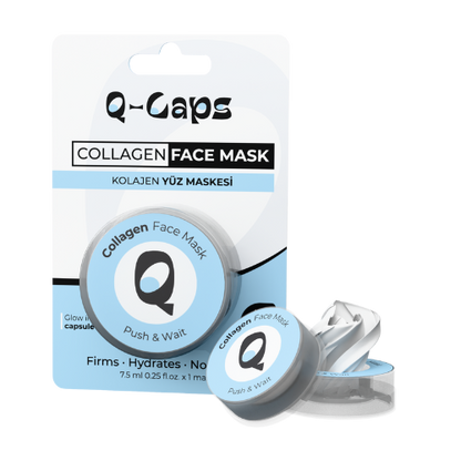 Q-Caps collagen face mask packaging on a white background