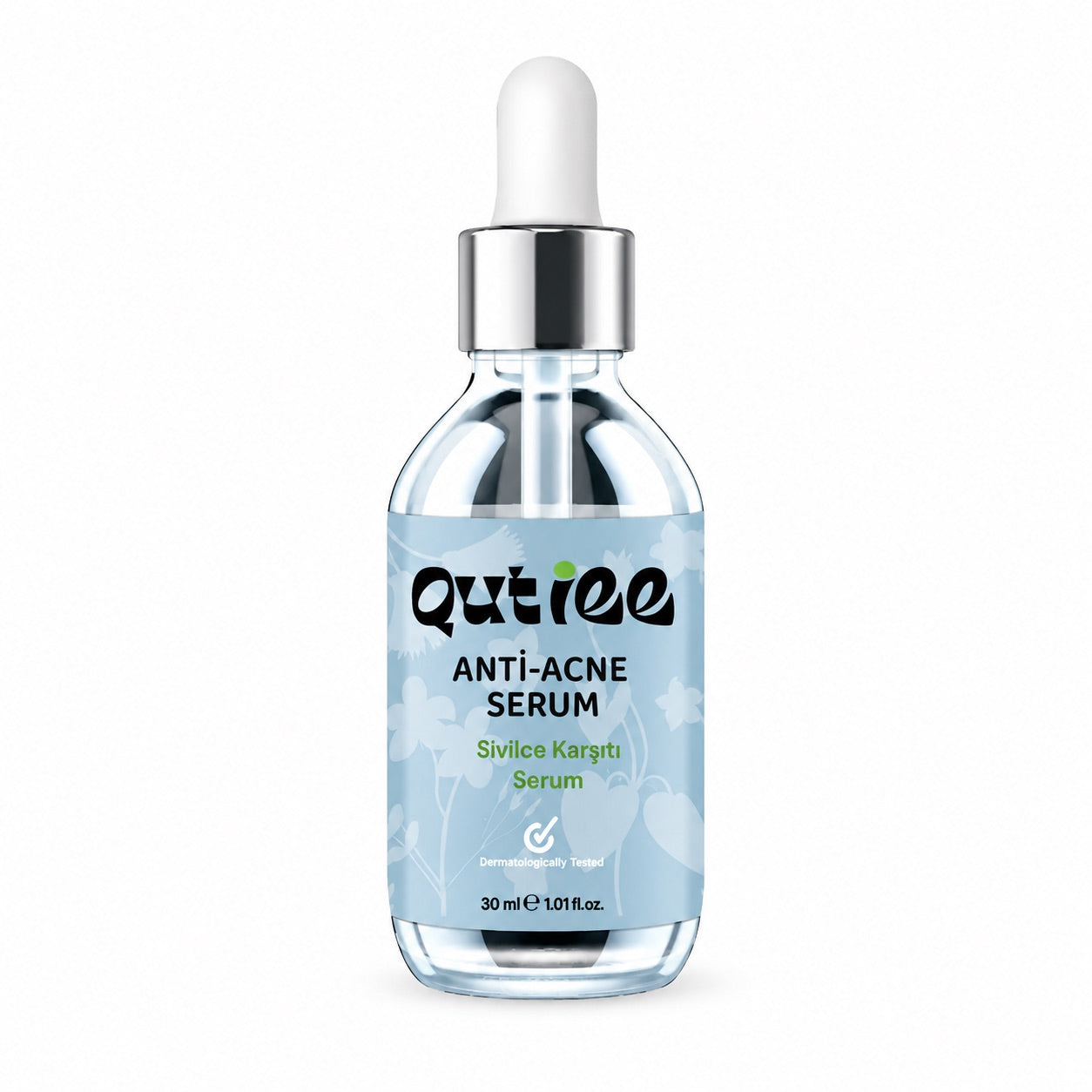 Qutiee anti-acne serum bottle with dropper on a white background