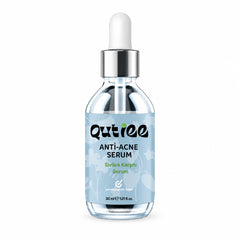 Qutiee anti-acne serum bottle with dropper on a white background