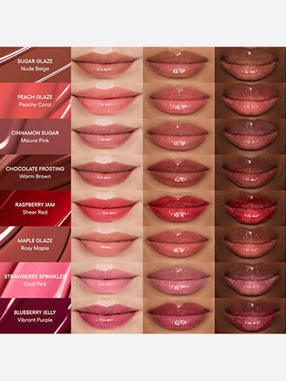 Lip color swatches with names on a beige background