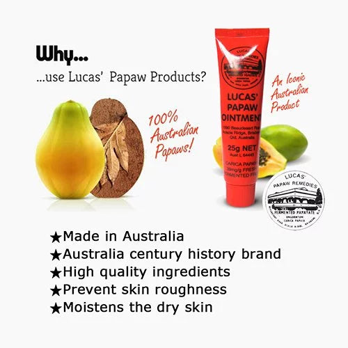 Lucas' Papaw Ointment tube with papaw fruit and leaves on a white background
