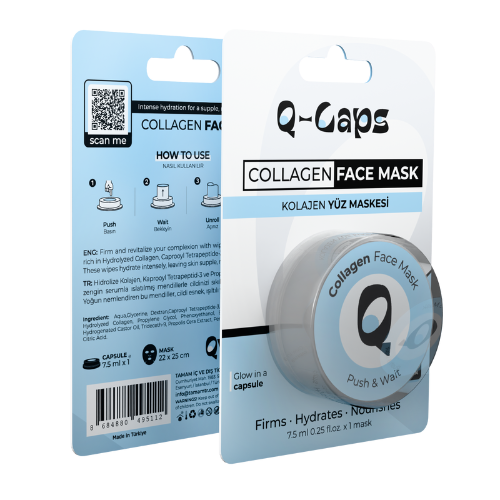 Collagen face mask packaging with Q-Gaps branding on a white background