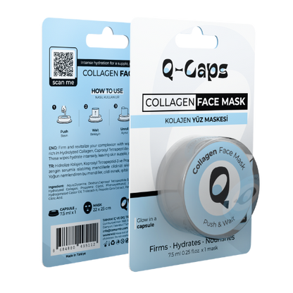 Collagen face mask packaging with Q-Gaps branding on a white background