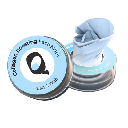 Collagen boosting face mask with a tin labeled 'Push & Wait' on a white background