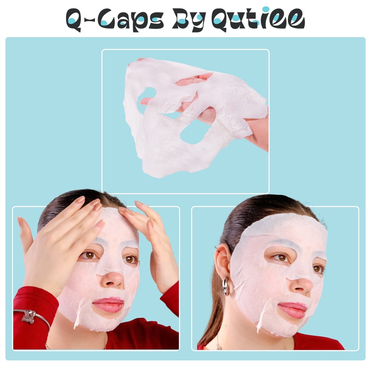 Collage of a person applying a face mask with 'Q-Caps By Qutiee' branding.