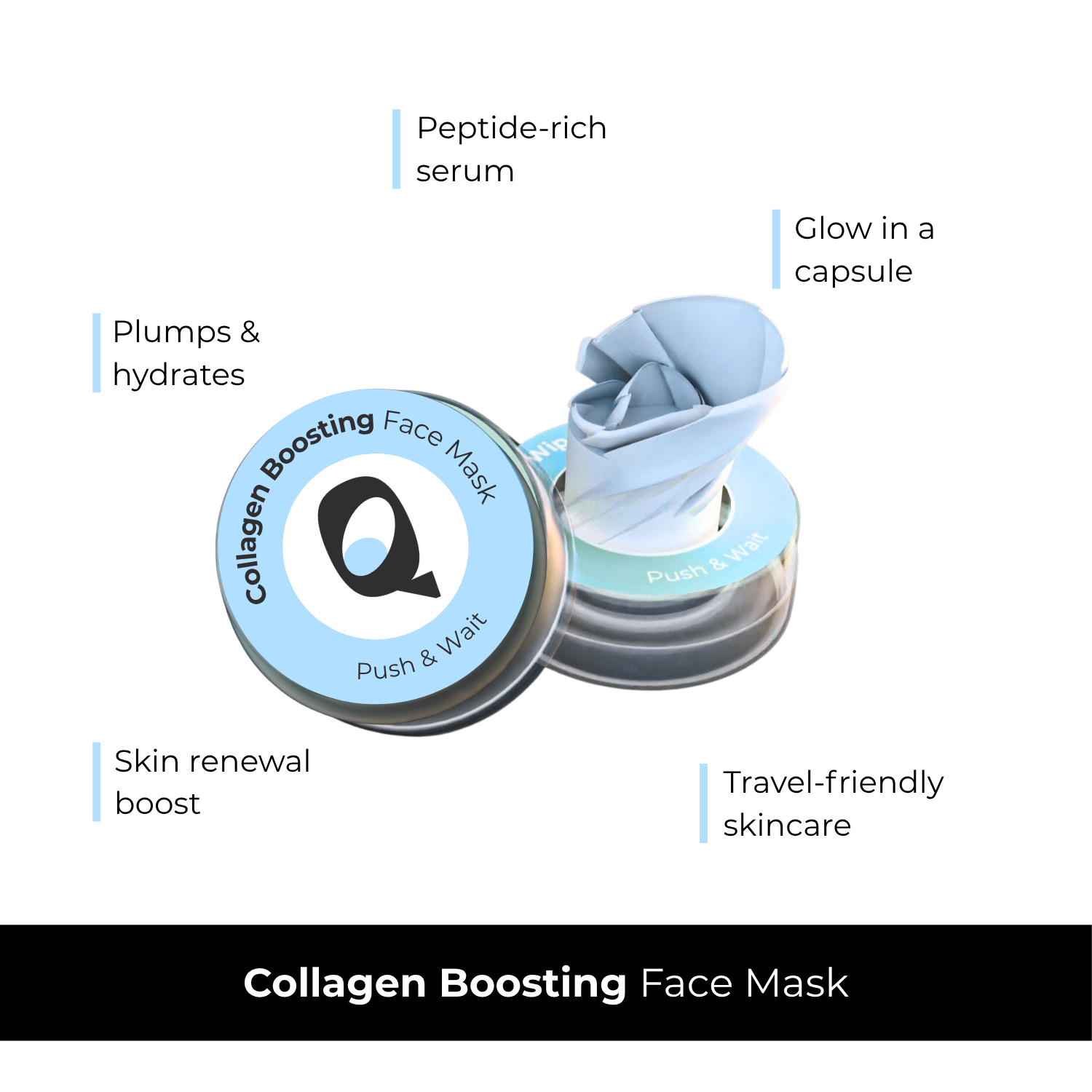 Collagen boosting face mask with features listed on a white background
