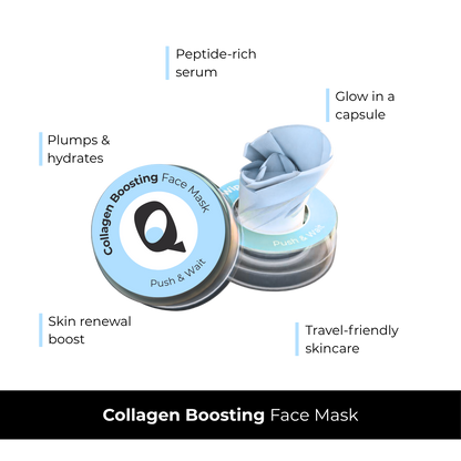 Collagen boosting face mask with features listed on a white background