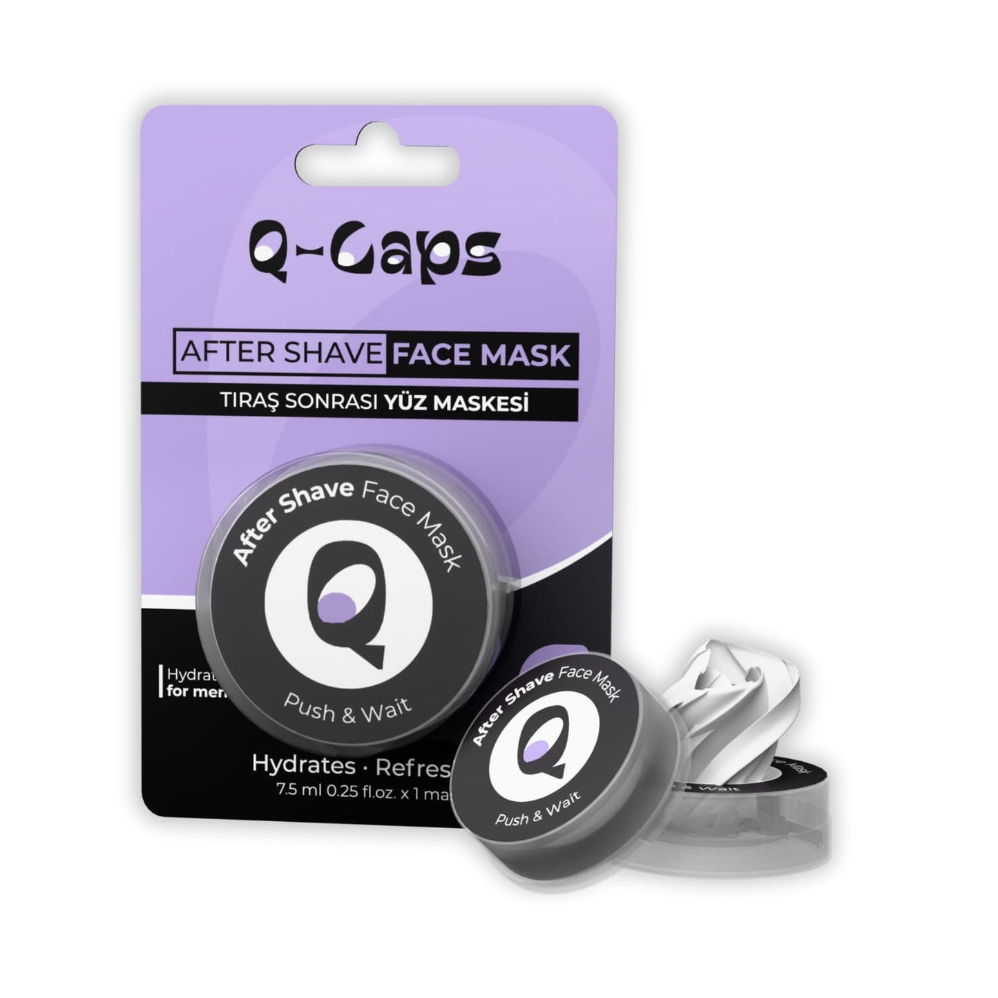 Q-Caps After Shave Face Mask packaging on a white background