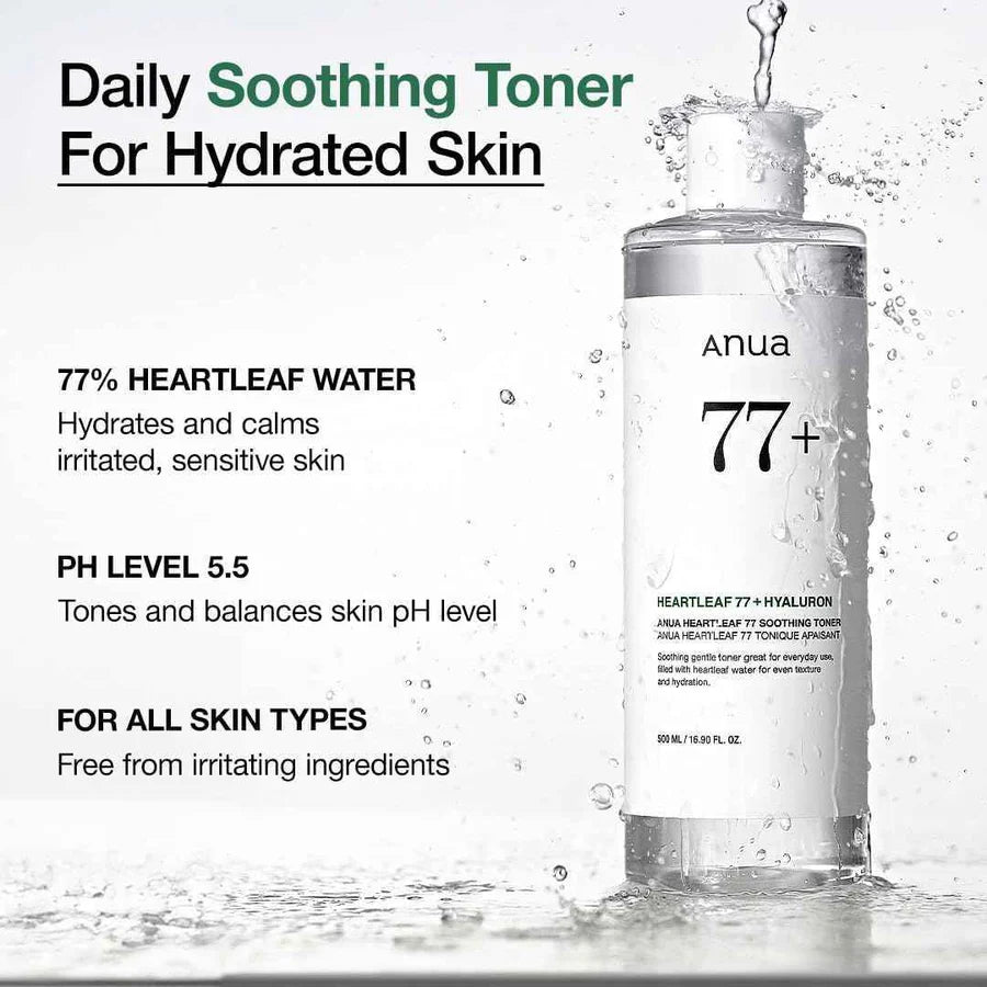 Anua 77+ toner bottle with text about daily soothing toner for hydrated skin.