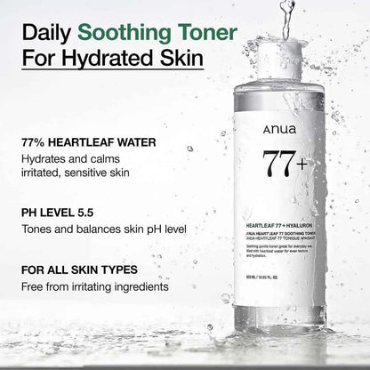 Anua 77+ toner bottle with text about daily soothing toner for hydrated skin.