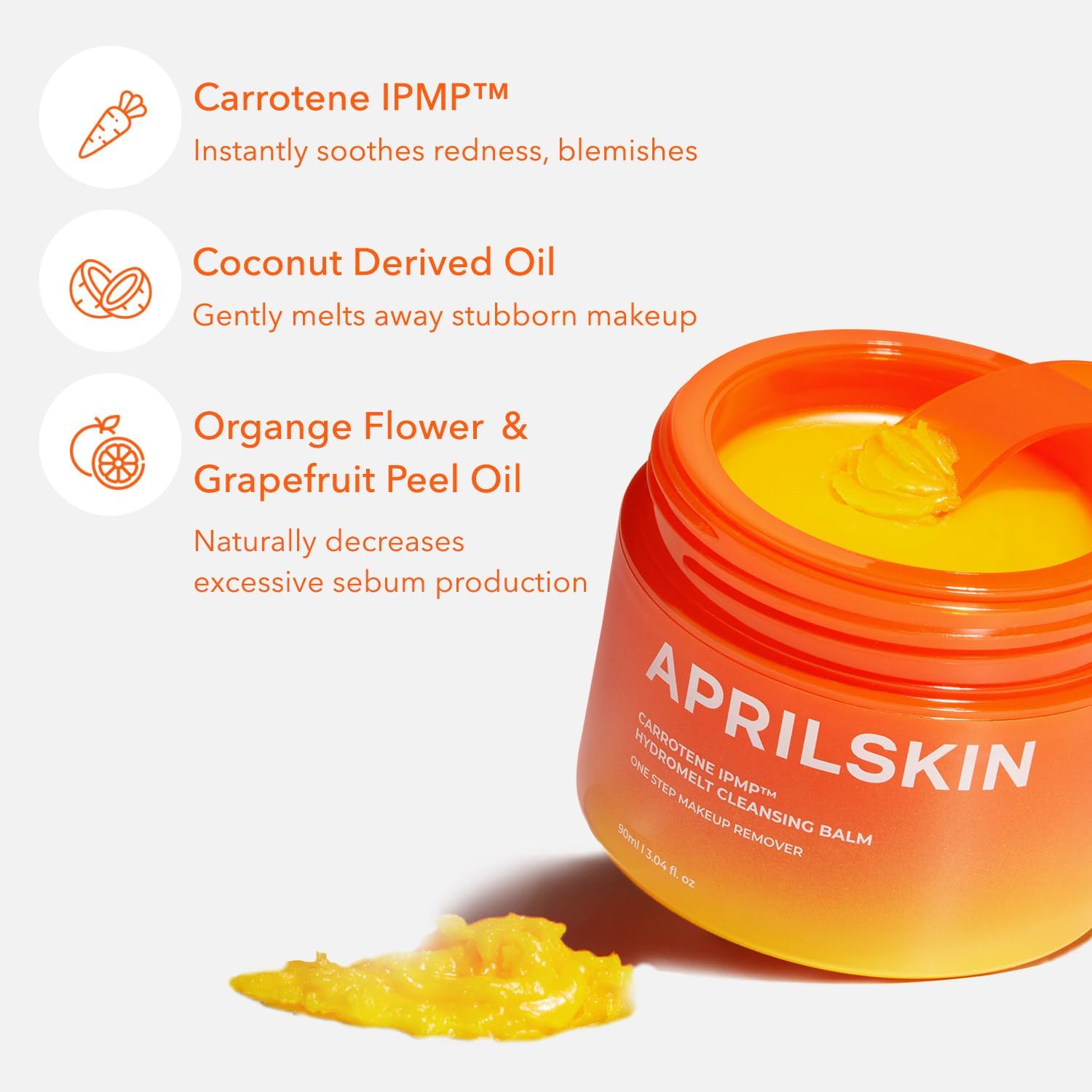 Orange jar of APRILSKIN cleansing balm with text detailing ingredients and benefits on a white background