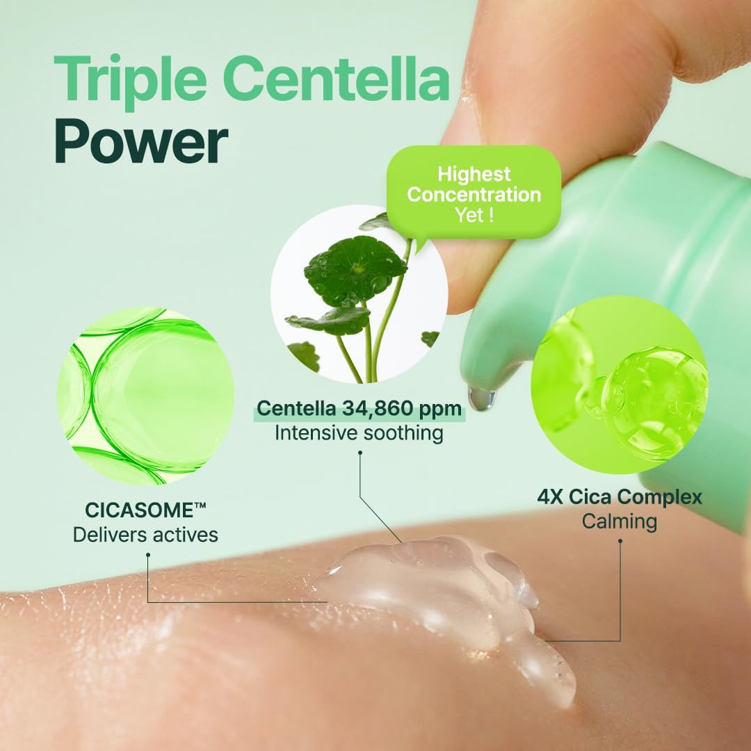 Product with Triple Centella Power text, showing a close-up of a hand applying a green cream to skin.