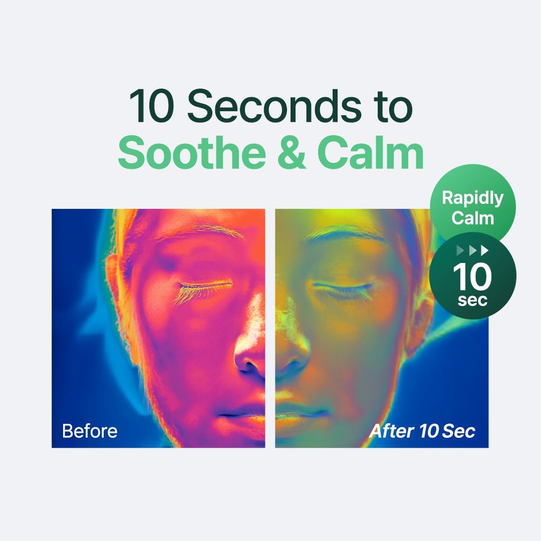 Before and after thermal imaging of a person's face with text '10 Seconds to Soothe & Calm' on a light gray background.