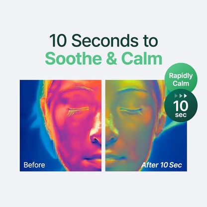 Before and after thermal imaging of a person's face with text '10 Seconds to Soothe & Calm' on a light gray background.
