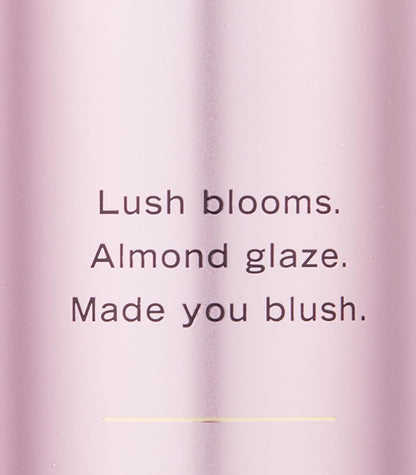 Text on a pink background with 'Lush blooms. Almond glaze. Made you blush.'