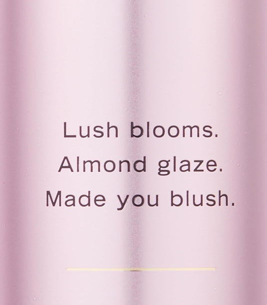 Text on a pink background with 'Lush blooms. Almond glaze. Made you blush.'
