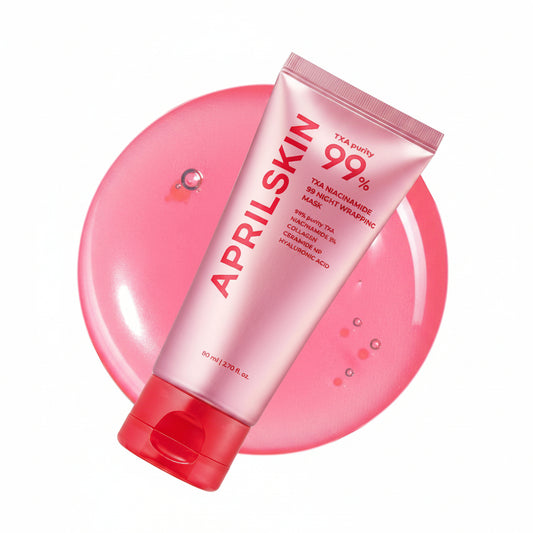 APRILSKIN TXA purity 99% night wrapping mask tube on a pink background