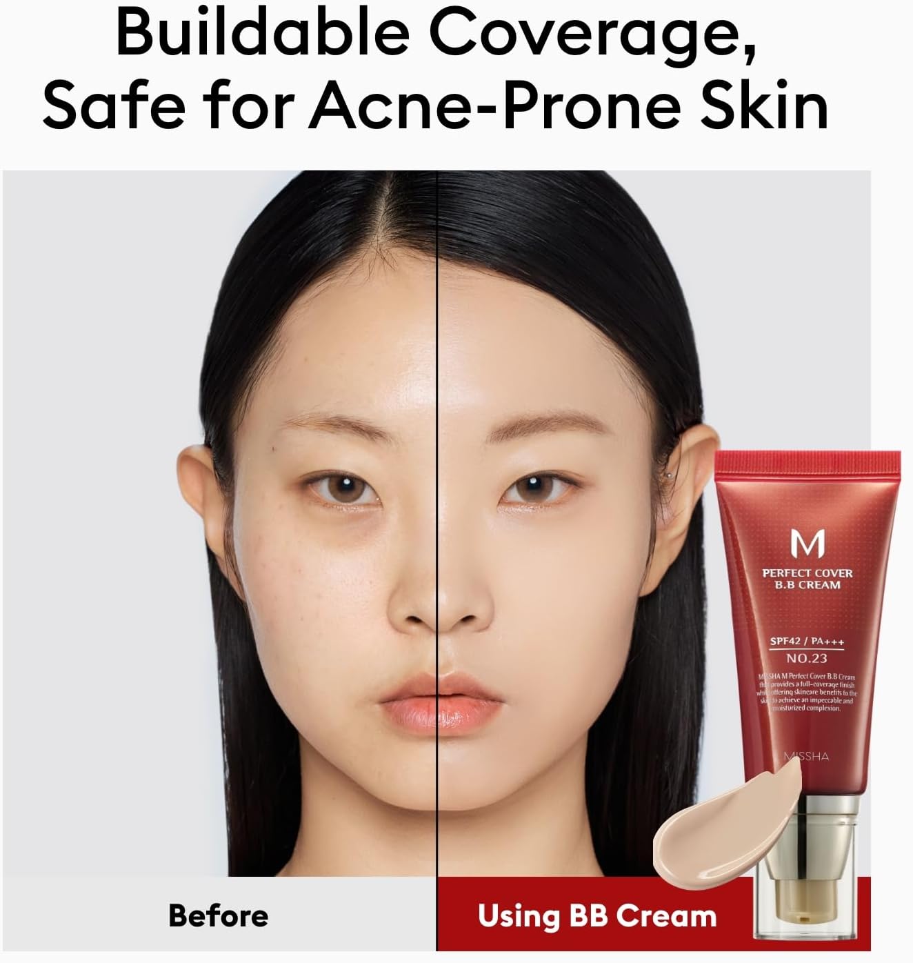 Before and after comparison of a woman's face with BB cream application, featuring a tube of BB cream on a white background.