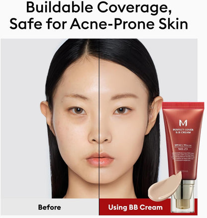 Before and after comparison of a woman's face with BB cream application, featuring a tube of BB cream on a white background.