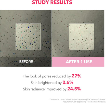 Before and after comparison of skin texture with study results on a white background