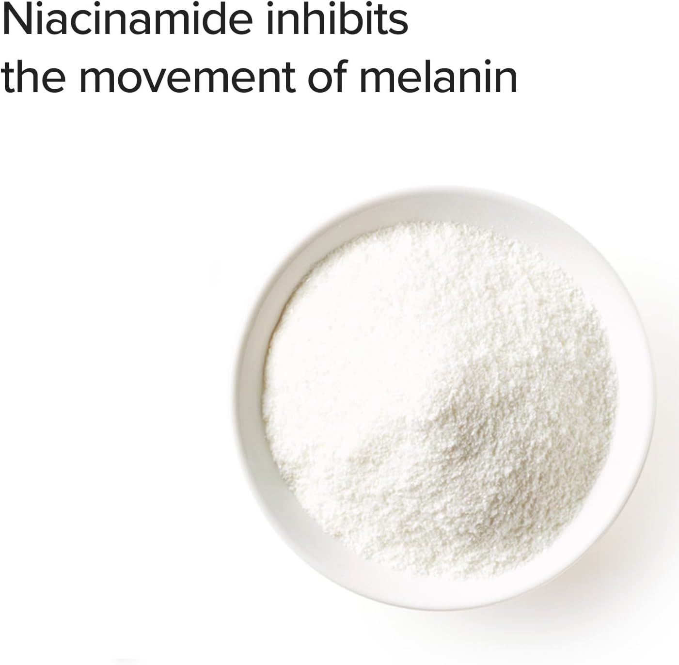 Powder in a bowl with text about niacinamide and melanin movement on a white background