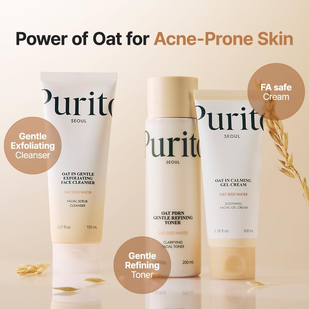 Product packaging with text 'Power of Oat' for acne-prone skin on a white background