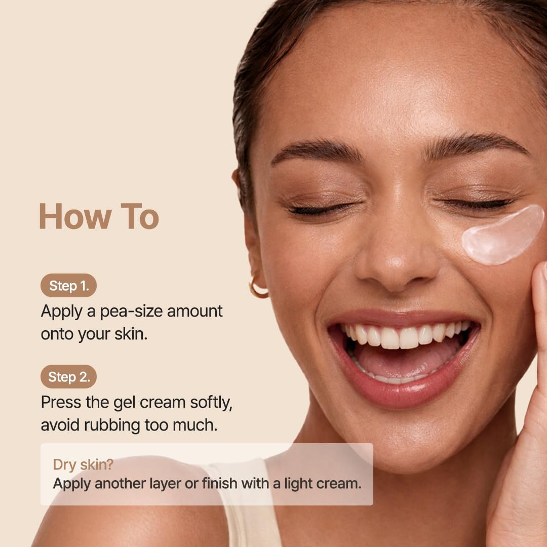 Woman applying cream to her face with text on how to use it