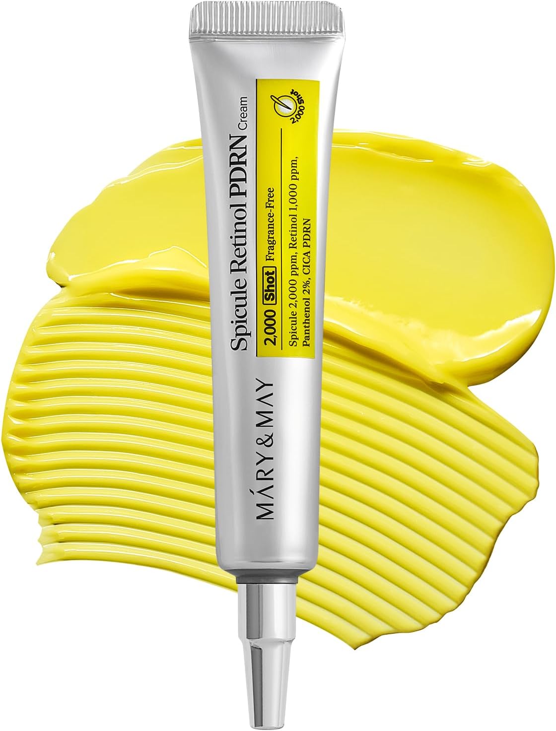 Skincare cream tube with yellow cream swatch on a white background