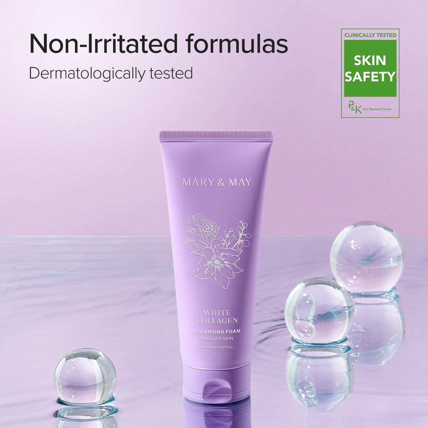 Purple skincare product with 'Mary & May' branding on a light purple background with water bubbles.