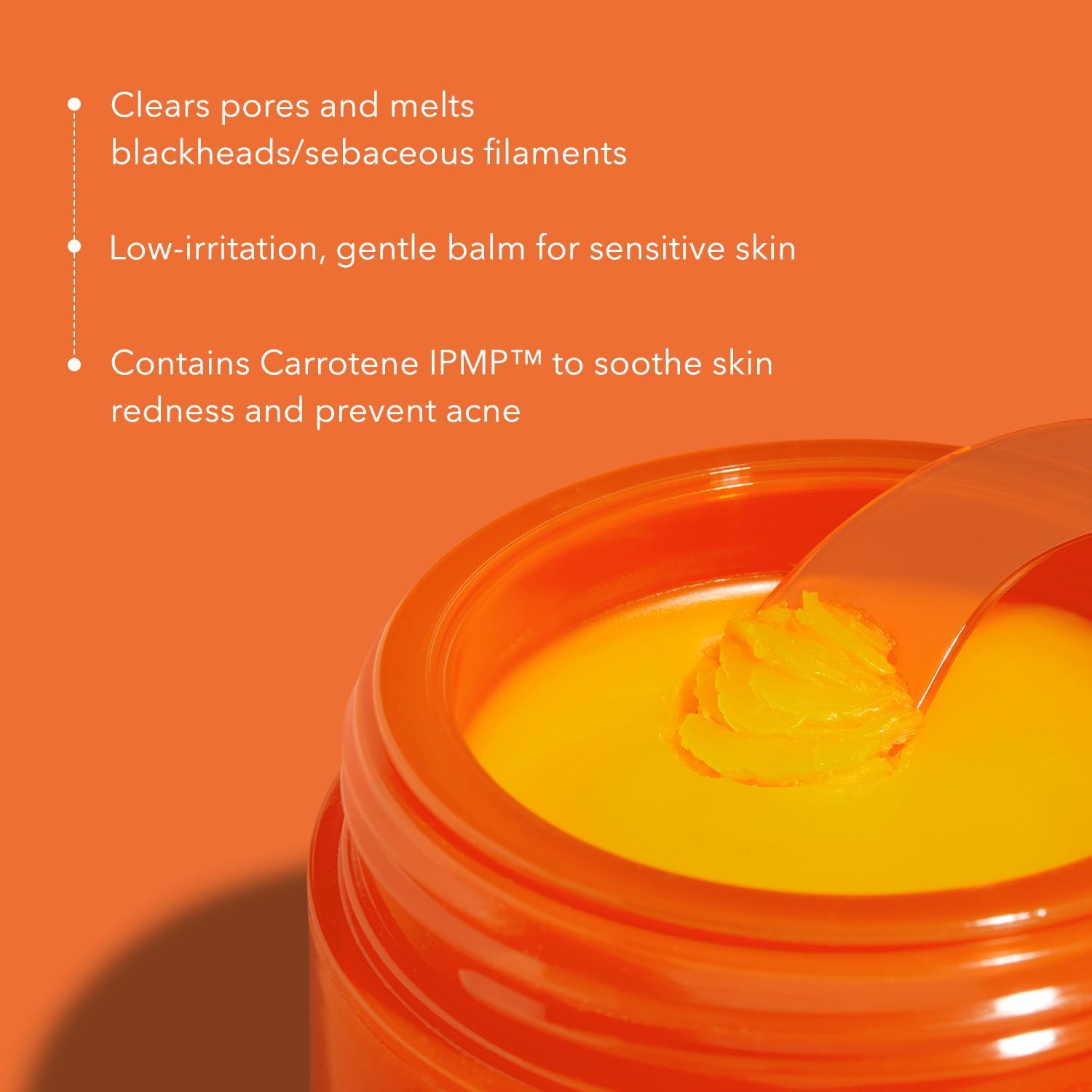 Orange jar of balm with a spoonful on an orange background, featuring product benefits text.