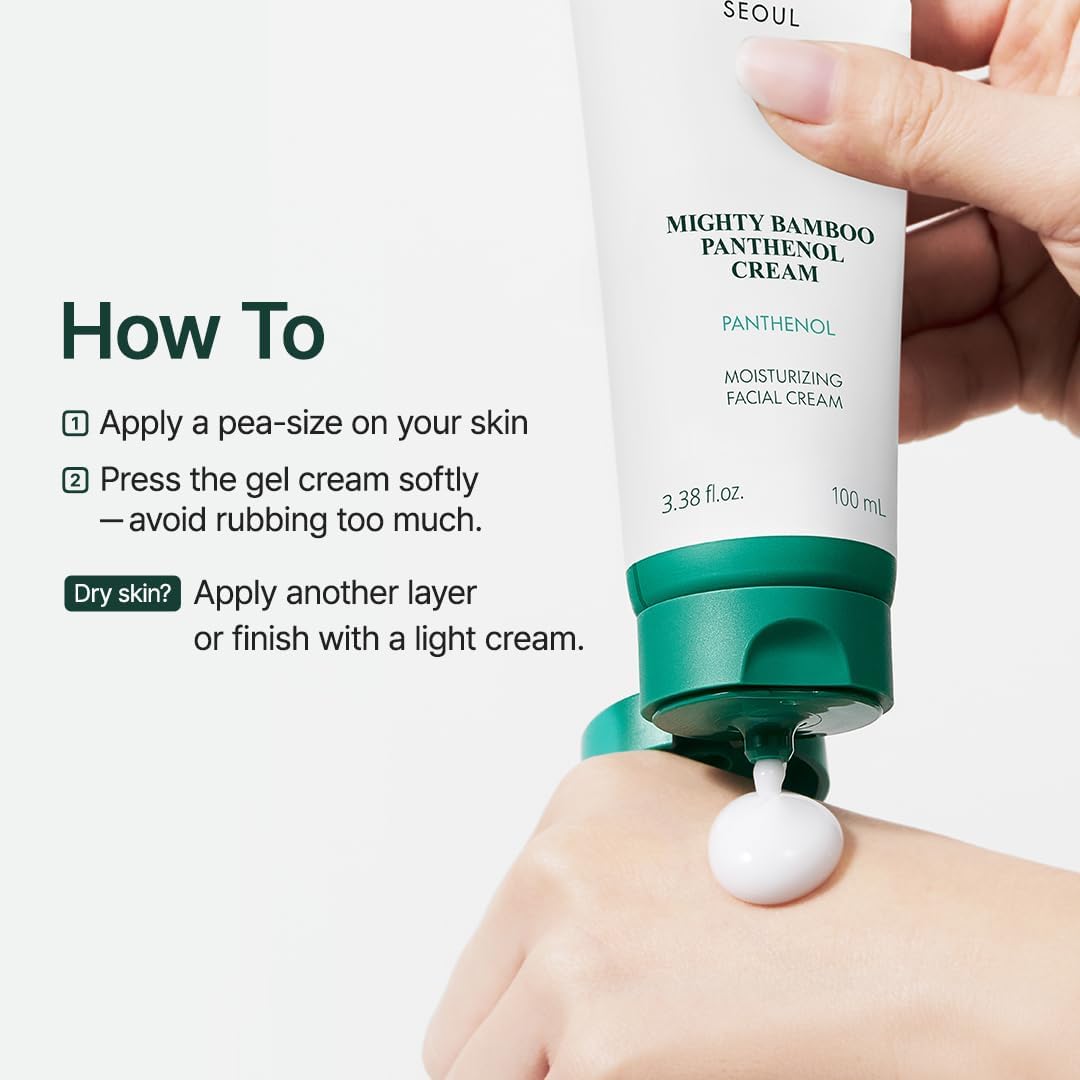 Hand applying a tube of 'Mighty Bamboo Panthenol Cream' to skin with text on how to use it.